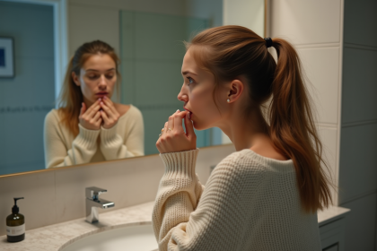 Jeune femme regardant ses lèvres dans un miroir moderne