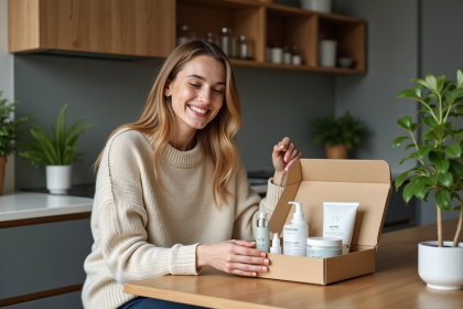 Jeune femme souriante déballant une box de soins naturels