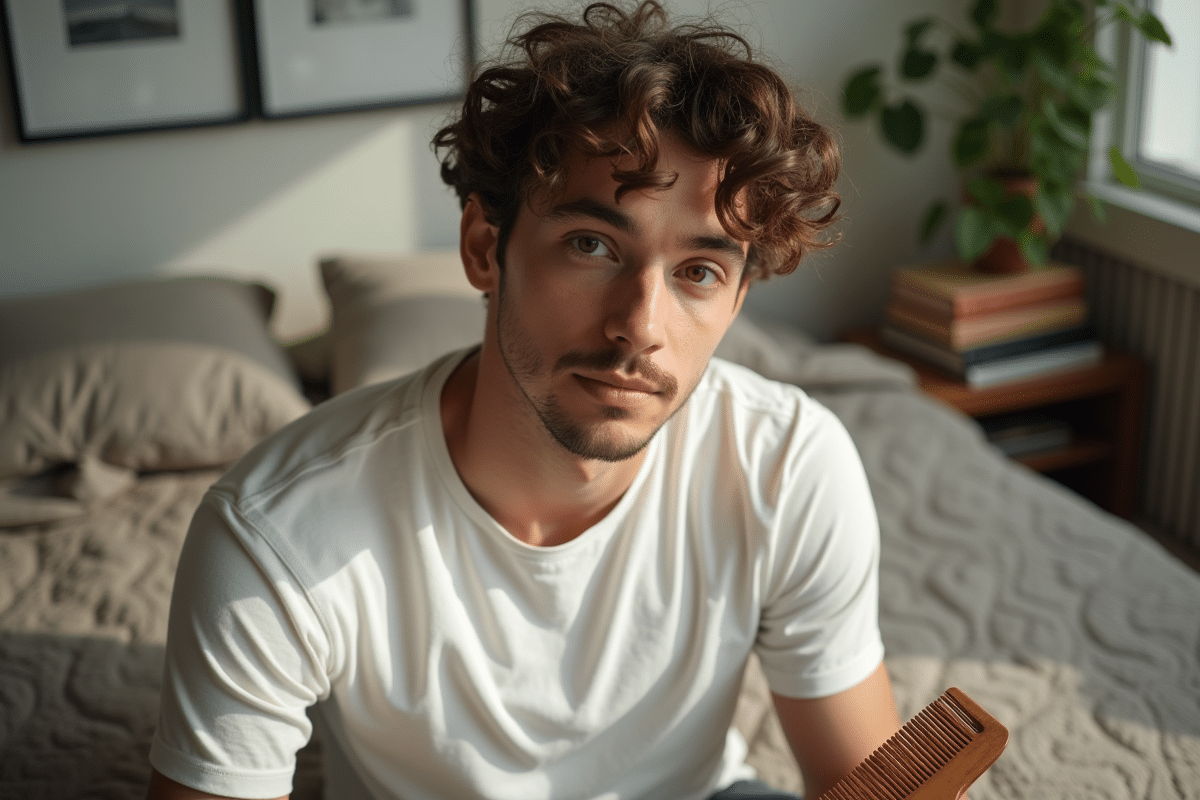 Jeune homme coiffant ses cheveux bouclés sur un lit ensoleille