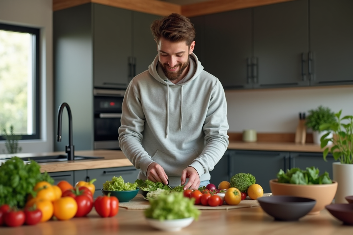 Jeune homme préparant une salade dans une cuisine moderne