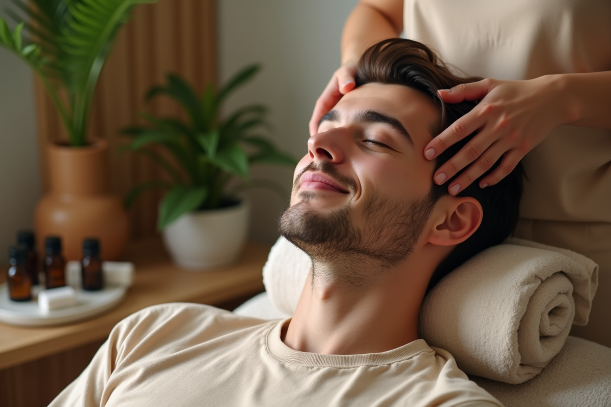 Jeune homme recevant un massage du cuir chevelu dans un spa