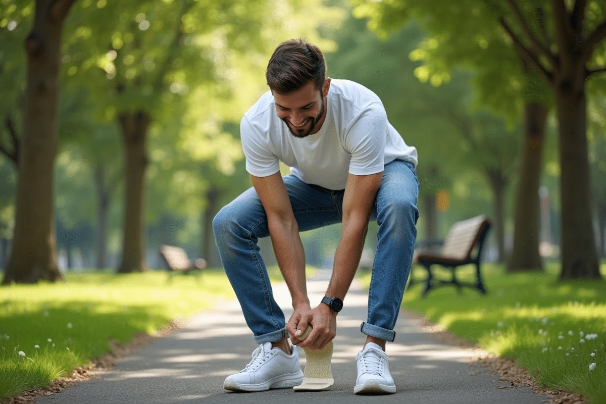 Jeune homme ajustant une semelle dans sa sneaker en plein air