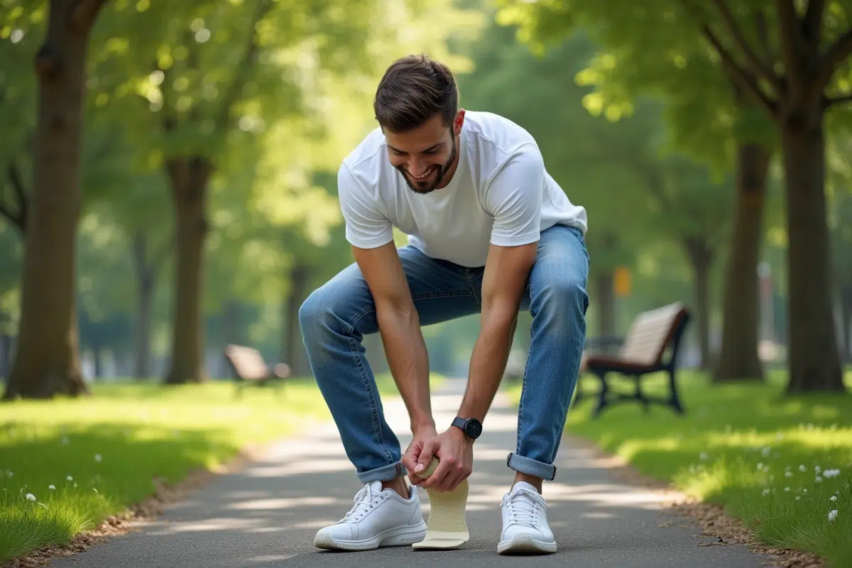 Jeune homme ajustant une semelle dans sa sneaker en plein air