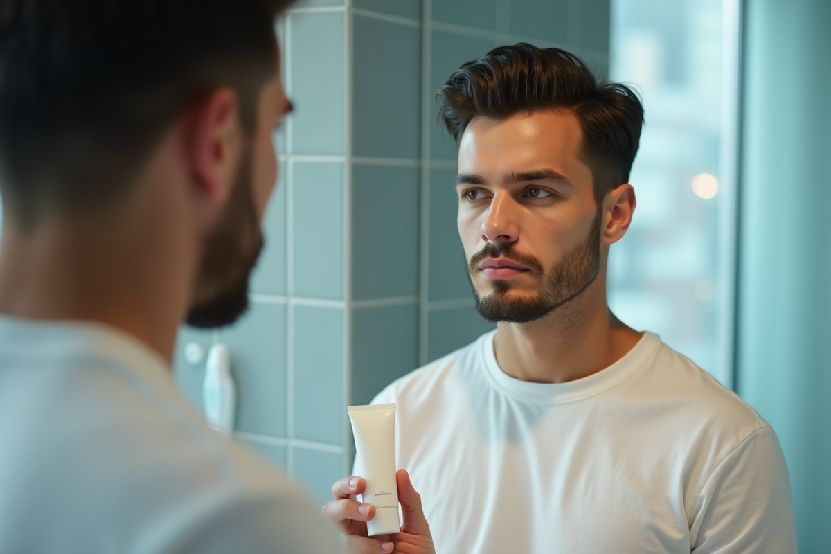 Jeune homme regardant son reflet avec un tube de primer