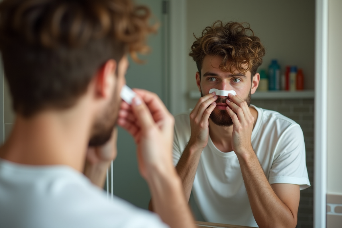 Jeune homme appliquant un masque sur le nez dans sa salle de bain
