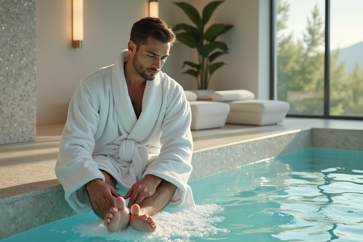 Jeune homme dans un spa intérieur en robe blanche