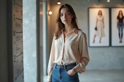 Jeune femme modèle devant mur de mesure en agence