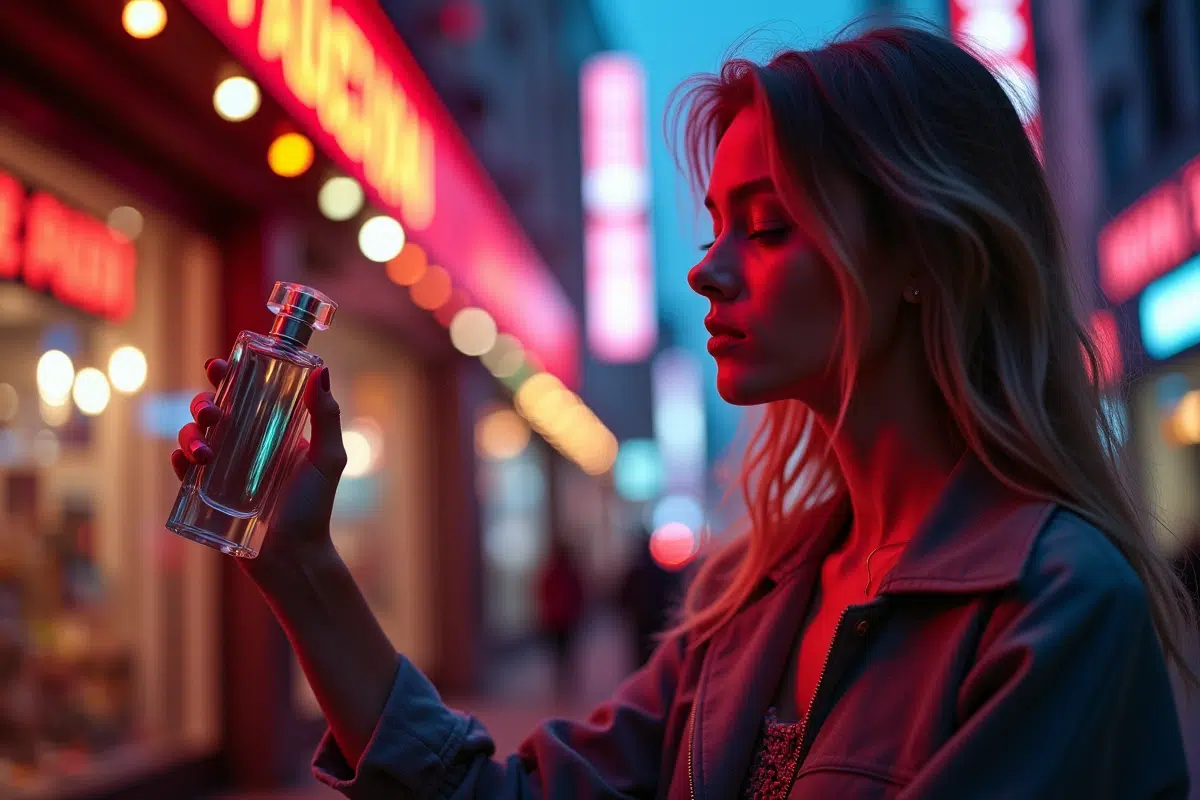 Jeune appliquant parfum dans une rue urbaine dynamique