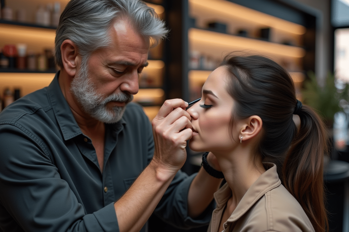 Maquilleur expérimenté appliquant un maquillage naturel