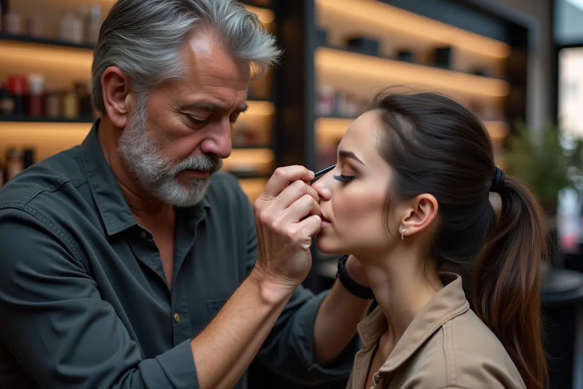 Maquilleur expérimenté appliquant un maquillage naturel