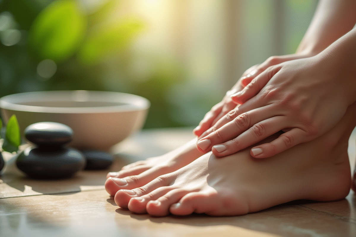 Gros plan sur un massage de pied apaisant avec éléments naturels