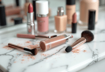 Produits de maquillage usés et expirés sur une coiffeuse en marbre blanc