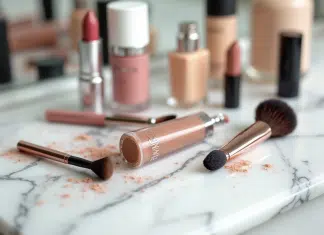 Maquillage périmé : comment savoir quand jeter ses produits de beauté ? Produits de maquillage usés et expirés sur une coiffeuse en marbre blanc
