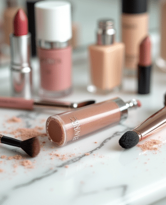 Produits de maquillage usés et expirés sur une coiffeuse en marbre blanc
