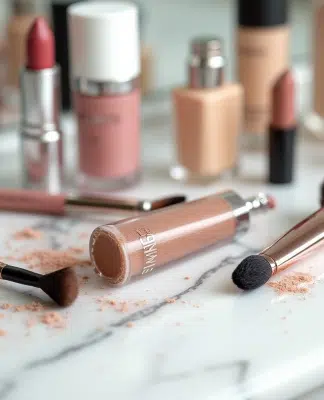 Produits de maquillage usés et expirés sur une coiffeuse en marbre blanc