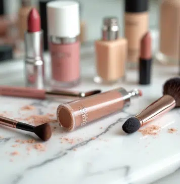 Produits de maquillage usés et expirés sur une coiffeuse en marbre blanc