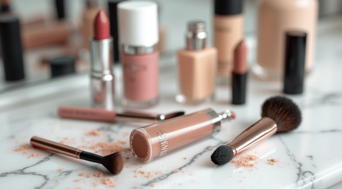 Produits de maquillage usés et expirés sur une coiffeuse en marbre blanc