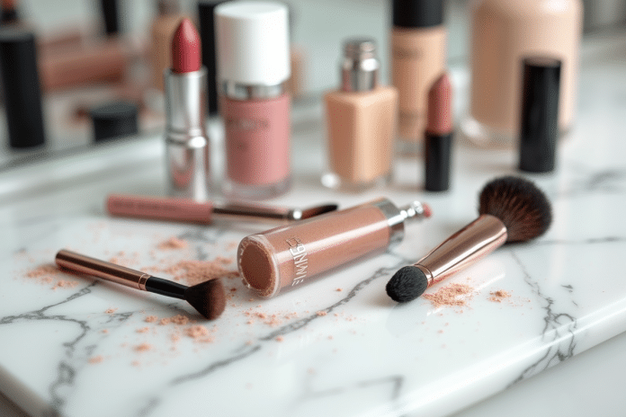 produits-maquillage-expiration Produits de maquillage usés et expirés sur une coiffeuse en marbre blanc