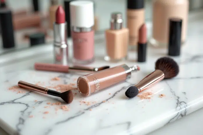 Produits de maquillage usés et expirés sur une coiffeuse en marbre blanc