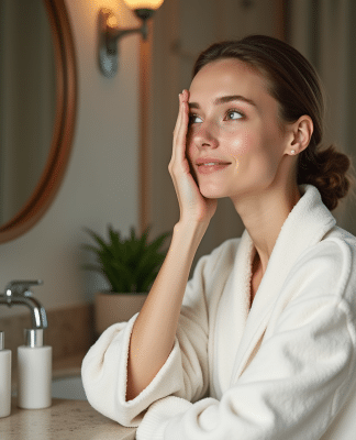 Jeune femme appliquant une creme visage dans sa salle de bain