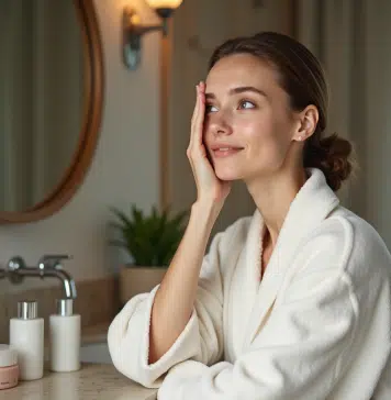 Jeune femme appliquant une creme visage dans sa salle de bain