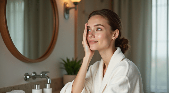 Jeune femme appliquant une creme visage dans sa salle de bain