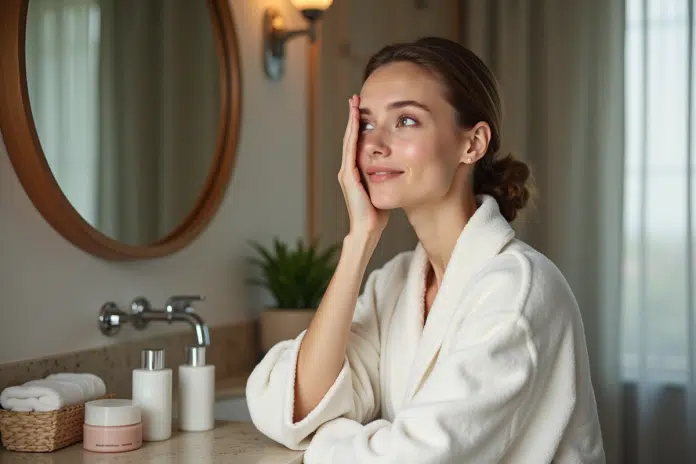 soin-peau-femme-robe-coton Jeune femme appliquant une creme visage dans sa salle de bain