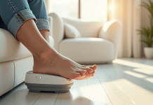Personne utilisant un appareil électrique pour les pieds sur le talon dans un salon lumineux