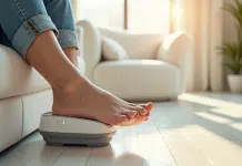 Personne utilisant un appareil électrique pour les pieds sur le talon dans un salon lumineux
