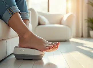 Comparatif des appareils de soins pour les pieds : efficacité et confort Personne utilisant un appareil électrique pour les pieds sur le talon dans un salon lumineux