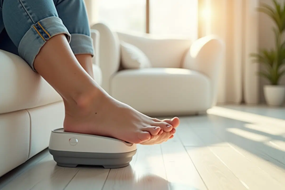 Personne utilisant un appareil électrique pour les pieds sur le talon dans un salon lumineux