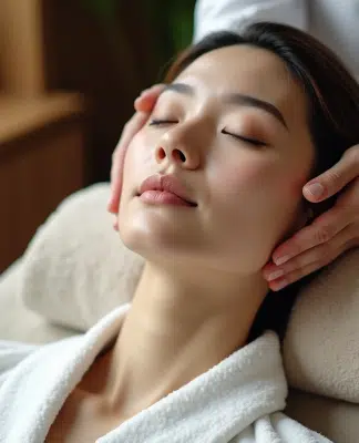 Femme asiatique recevant un massage kobido dans un spa