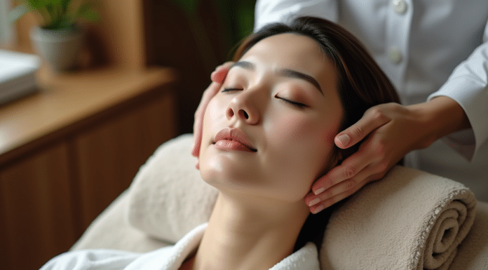 Femme asiatique recevant un massage kobido dans un spa