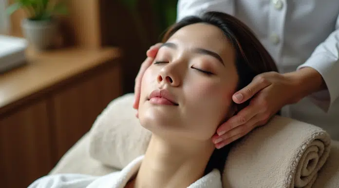 Femme asiatique recevant un massage kobido dans un spa