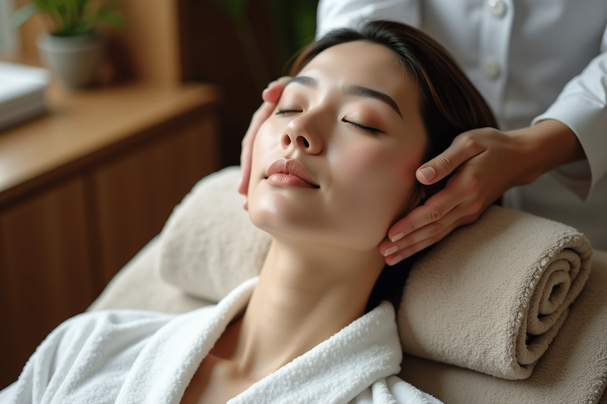 Femme asiatique recevant un massage kobido dans un spa