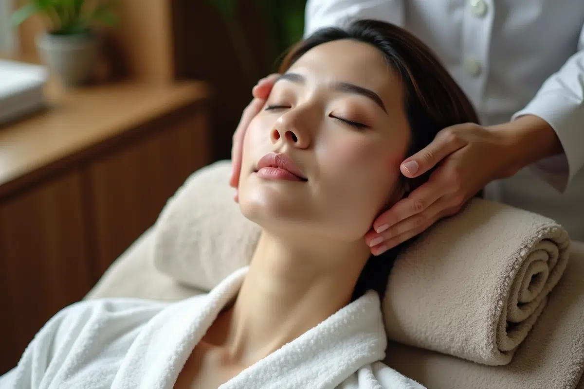 Femme asiatique recevant un massage kobido dans un spa