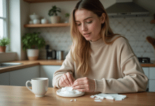 Femme appliquant des cotons démaquillants sur ses ongles