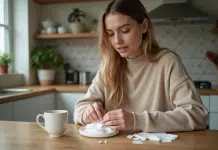 Femme appliquant des cotons démaquillants sur ses ongles