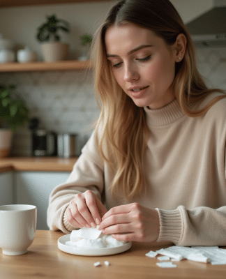 Femme appliquant des cotons démaquillants sur ses ongles