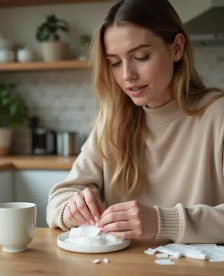 Femme appliquant des cotons démaquillants sur ses ongles