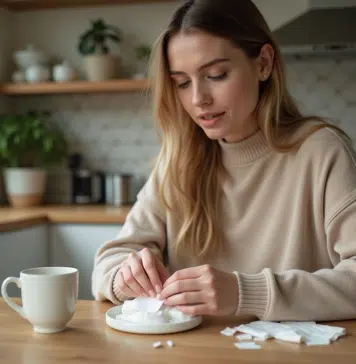 Femme appliquant des cotons démaquillants sur ses ongles