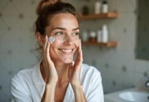 Femme appliquant crème visage visage naturel et détendu