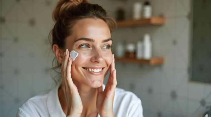 Femme appliquant crème visage visage naturel et détendu