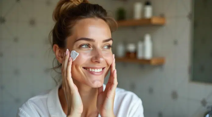 Femme appliquant crème visage visage naturel et détendu