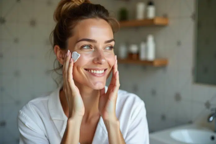 soins-visage-femme-peau-naturelle Femme appliquant crème visage visage naturel et détendu