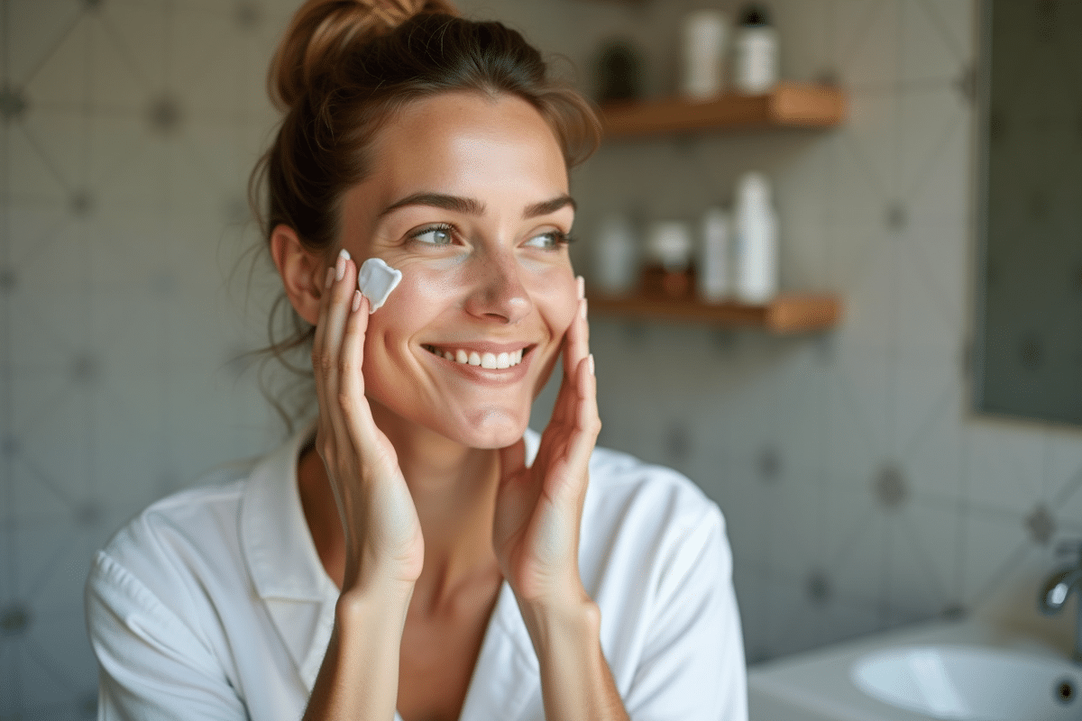 Femme appliquant crème visage visage naturel et détendu